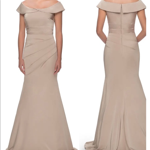 La Femme Dresses & Skirts - NWT La Femme 28110 Off Shoulder Pleated Champagne Satin Formal Mermaid Gown 6